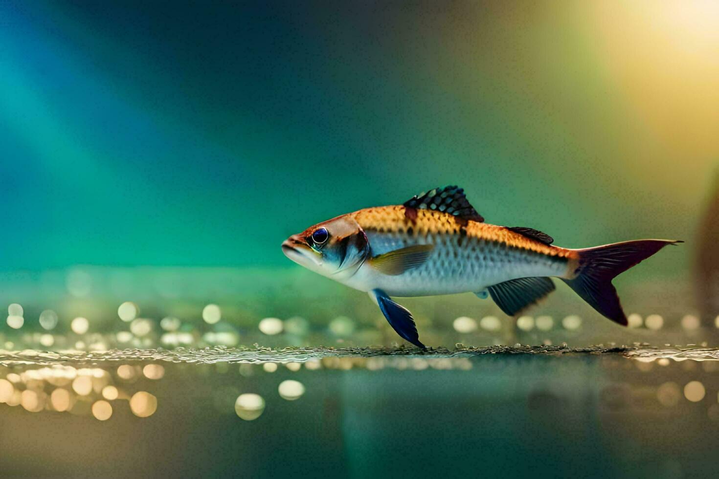a fish is standing on the water with a bright light. AI-Generated photo