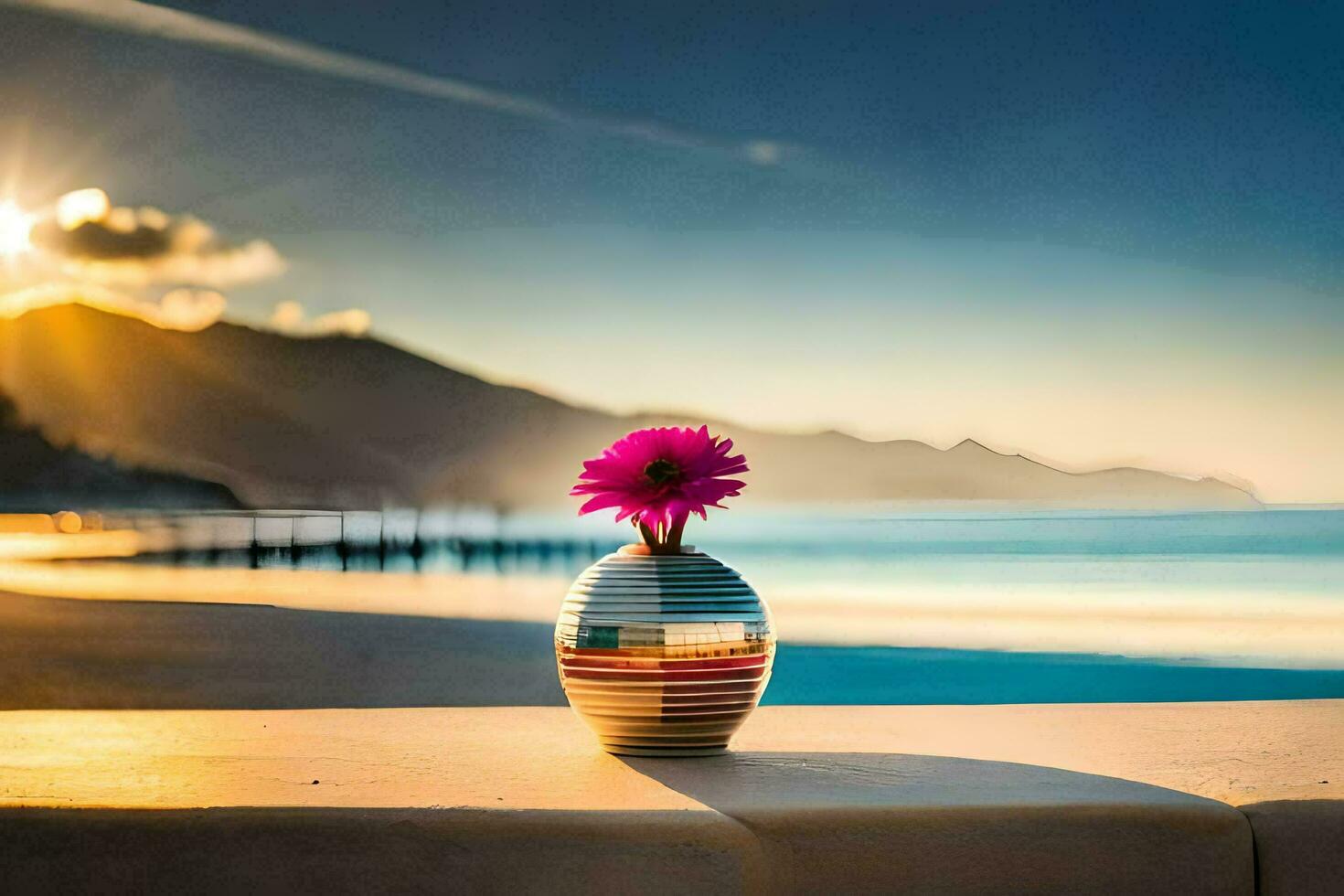 un florero con un rosado flor en el playa a puesta de sol. generado por ai foto