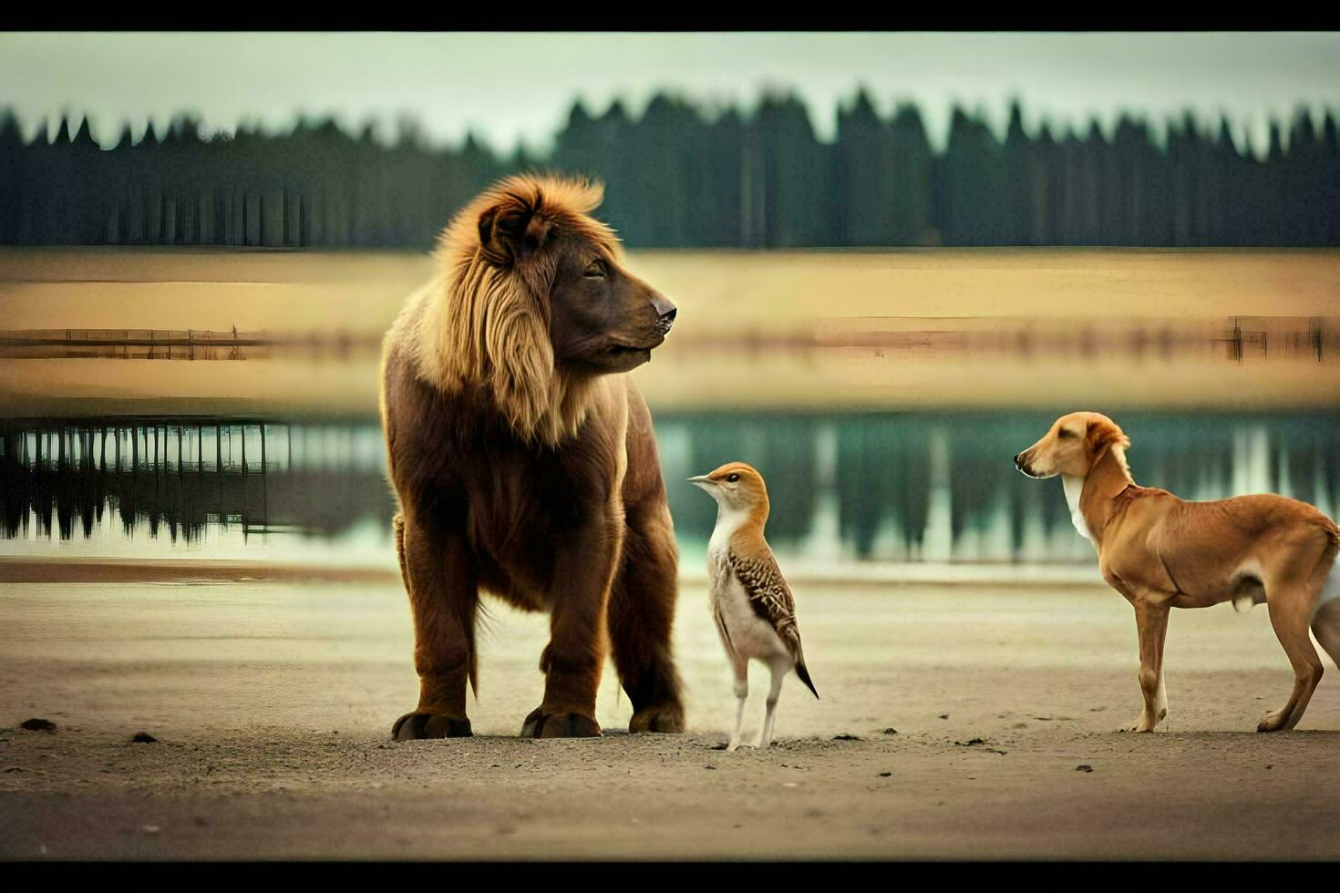 un león y dos aves en pie en el playa. generado por ai foto