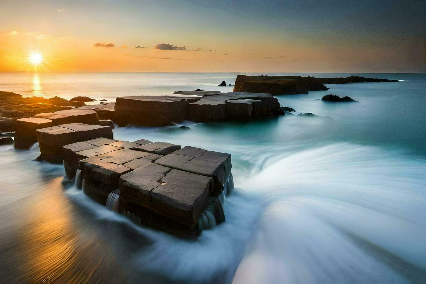 the sun sets over the ocean and rocks in the water. AI-Generated photo