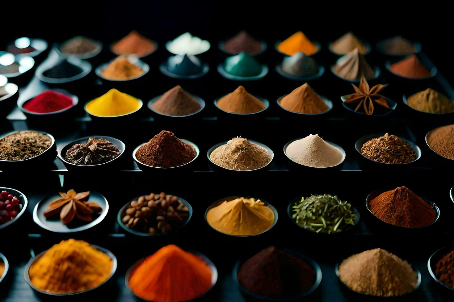 a variety of spices and herbs in bowls. AI-Generated photo