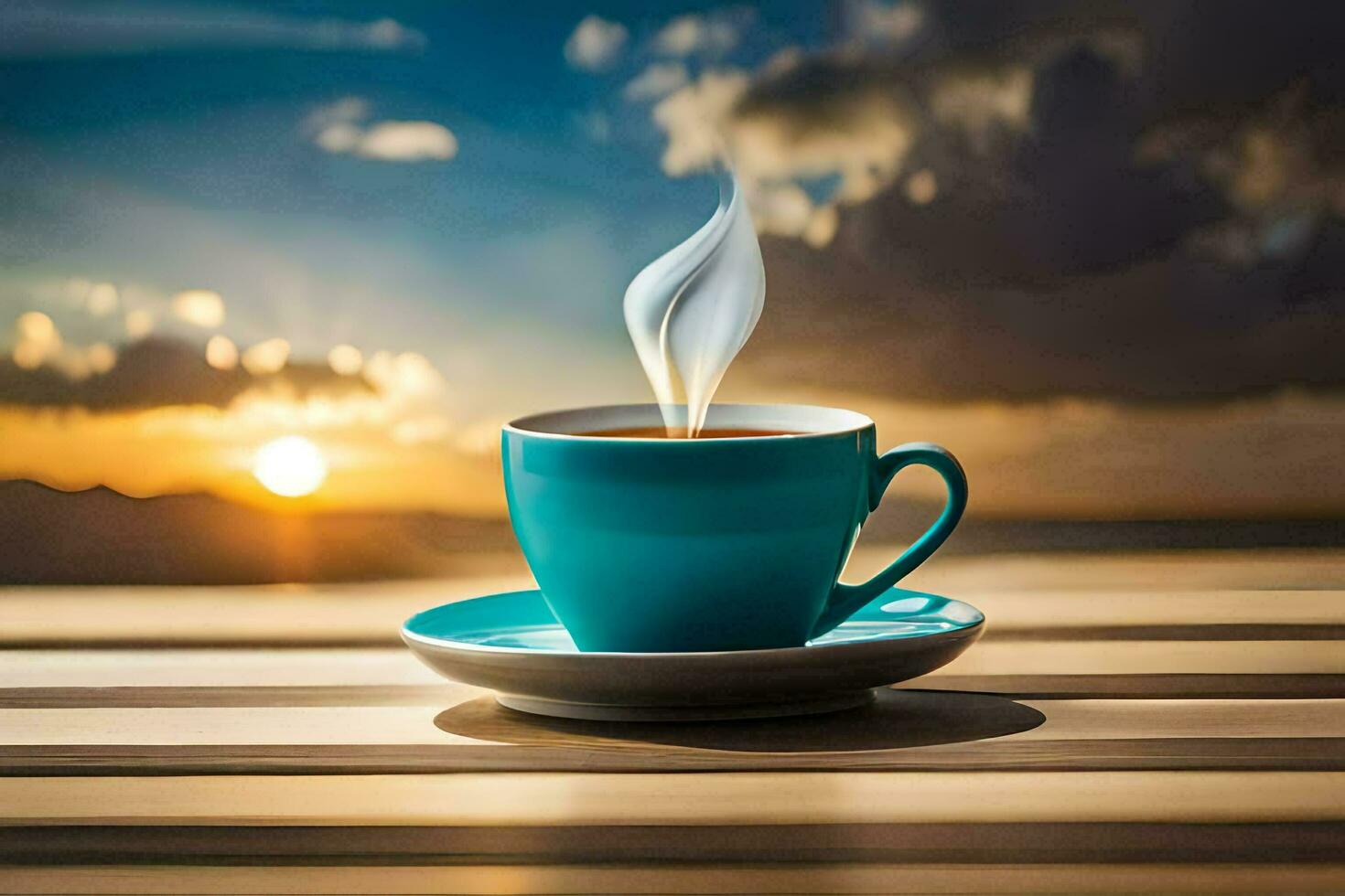 a cup of coffee on a wooden table with a beautiful sunset in the background. AI-Generated photo