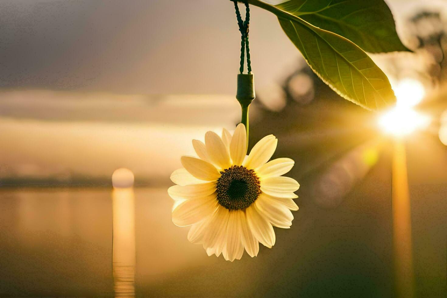 a sunflower is hanging from a branch over a body of water. AI-Generated photo