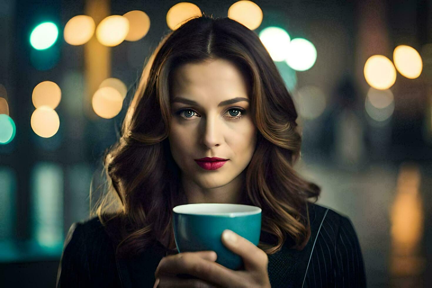 a woman holding a cup of coffee. AI-Generated photo