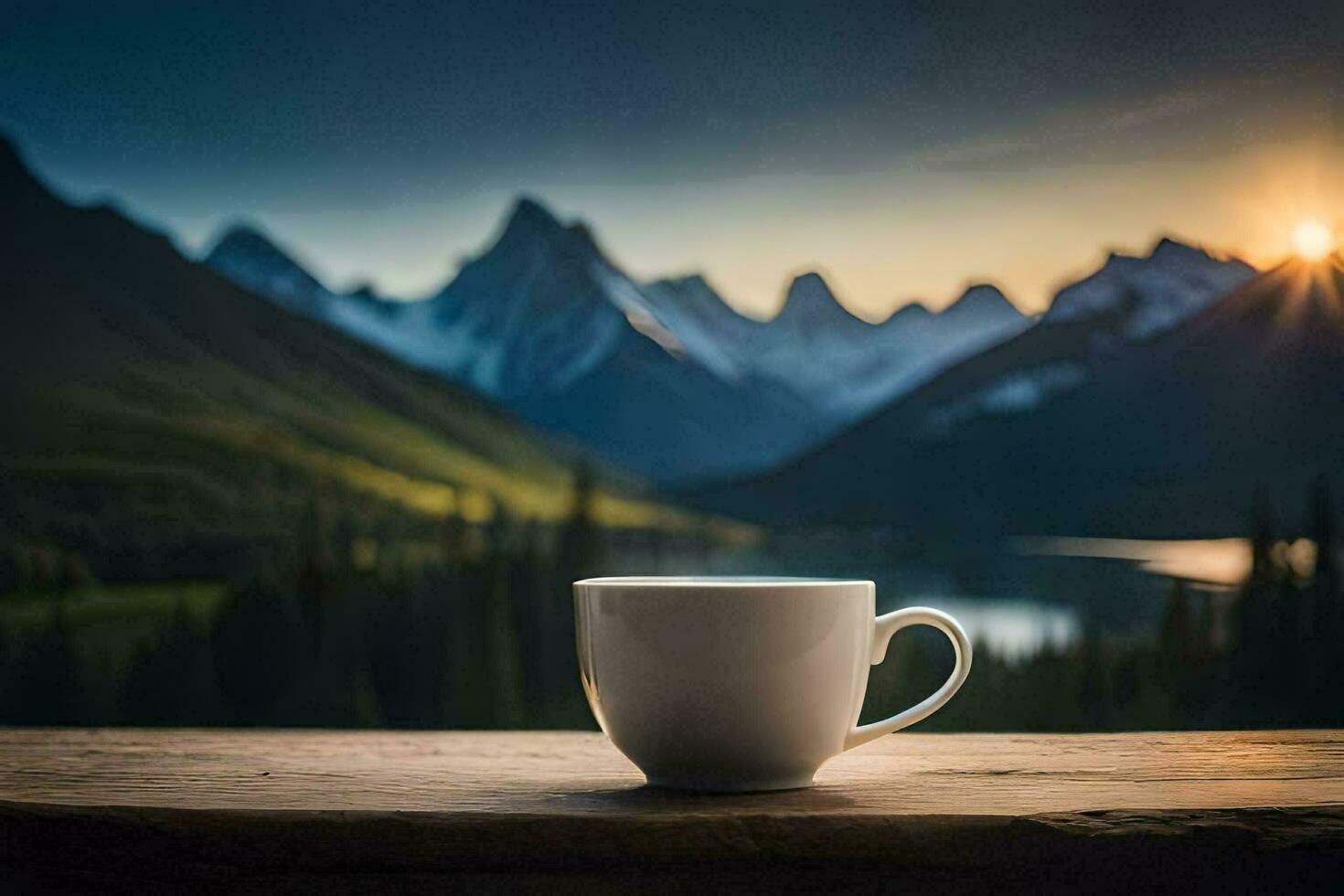 a cup of coffee on a wooden table overlooking a lake and mountains. AI-Generated photo