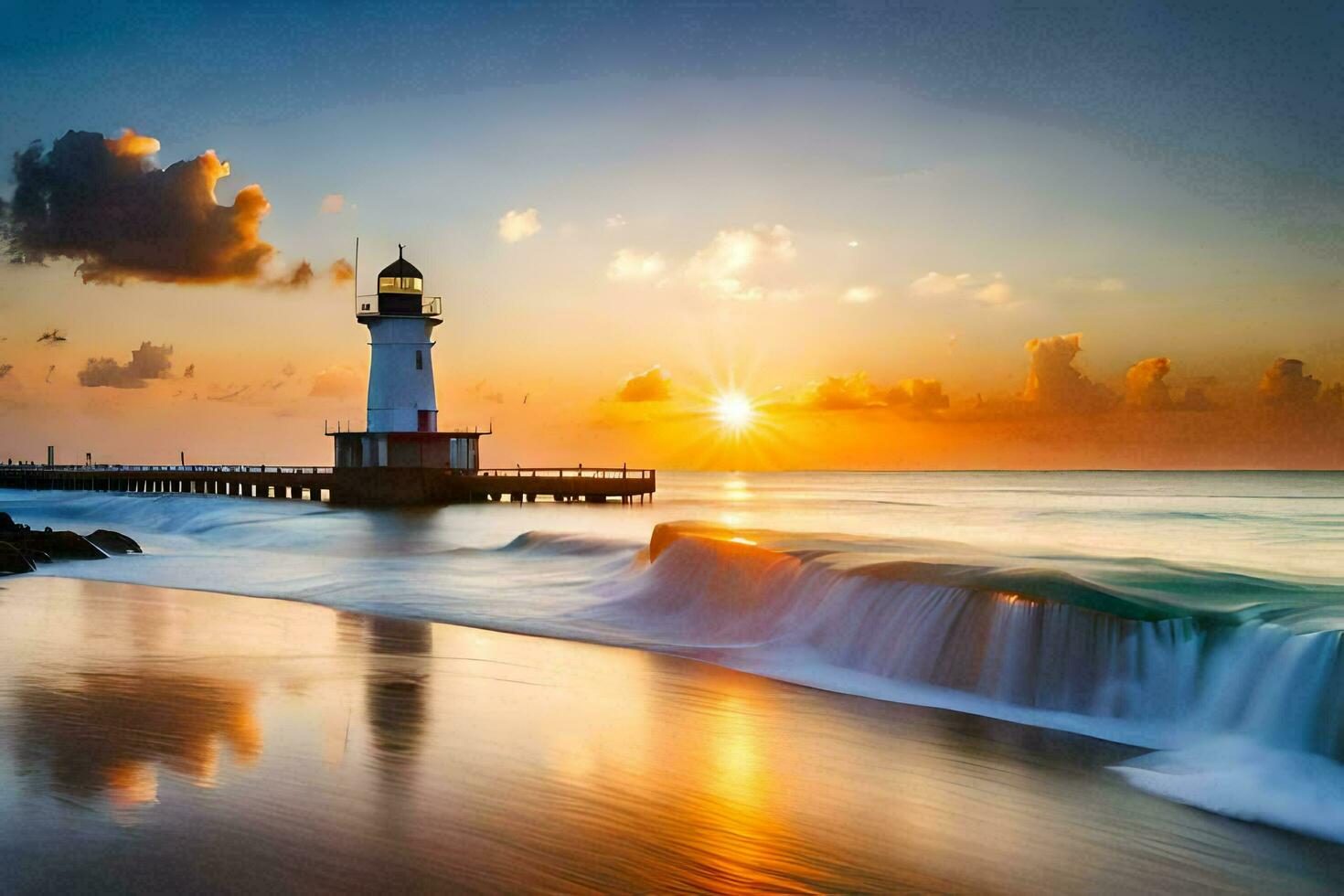 a lighthouse stands on the shore of a beach at sunset. AI-Generated photo