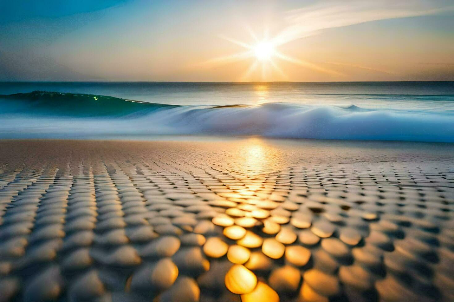 the sun rises over the ocean and pebbles on the beach. AI-Generated photo