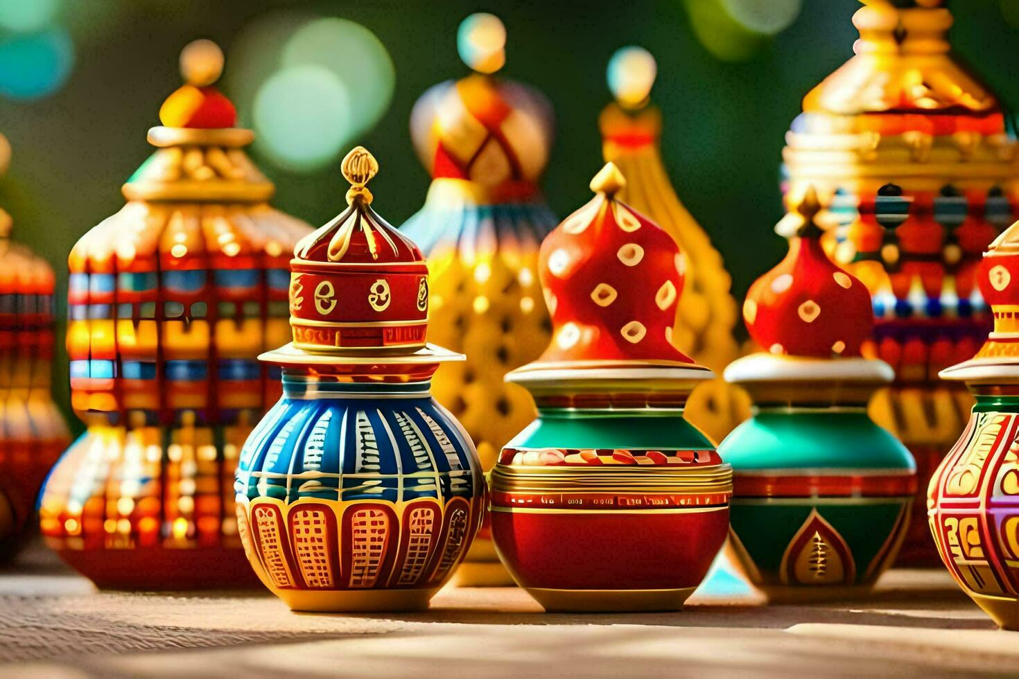 many colorful painted vases are sitting on a table. AI-Generated photo