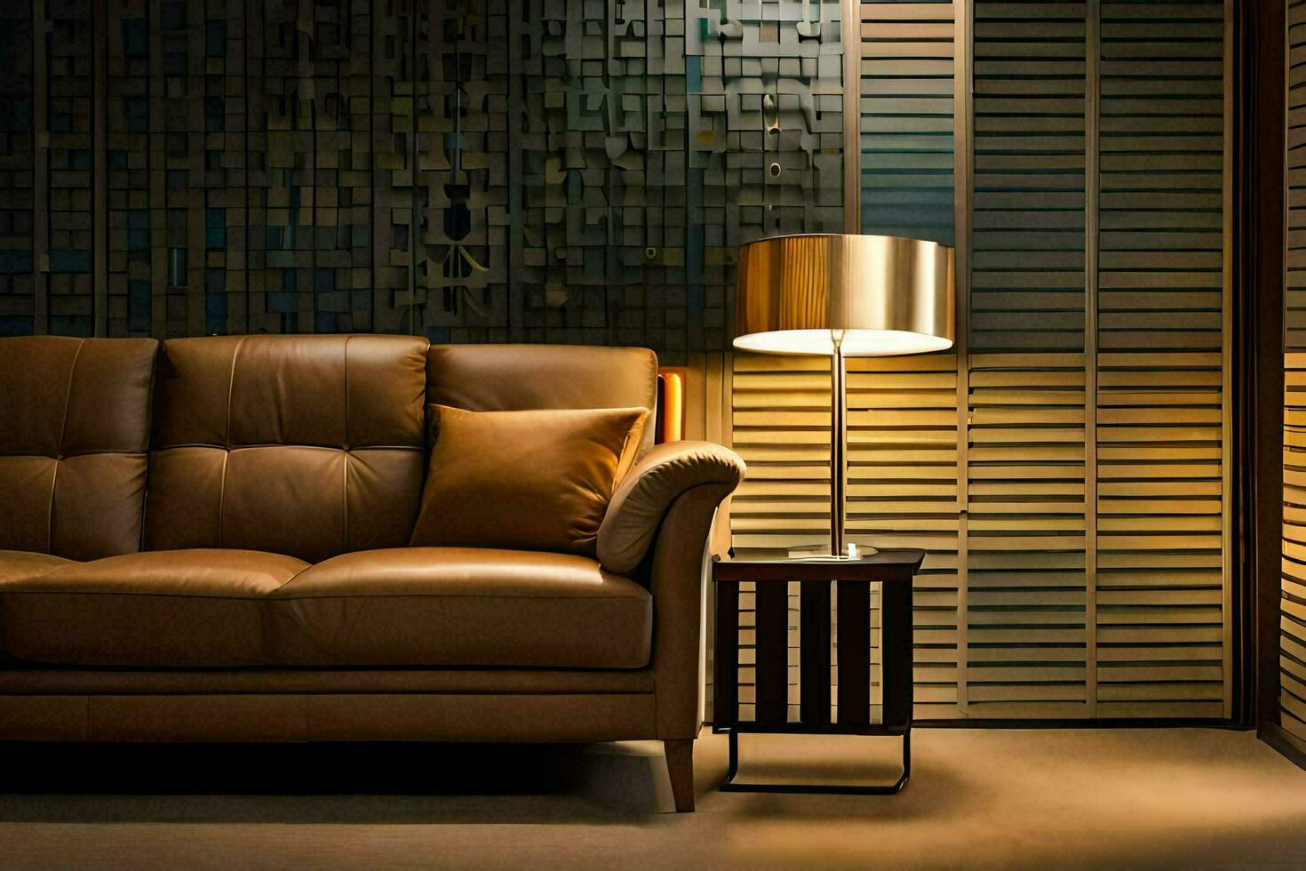 a leather couch and lamp in a room. AI-Generated photo