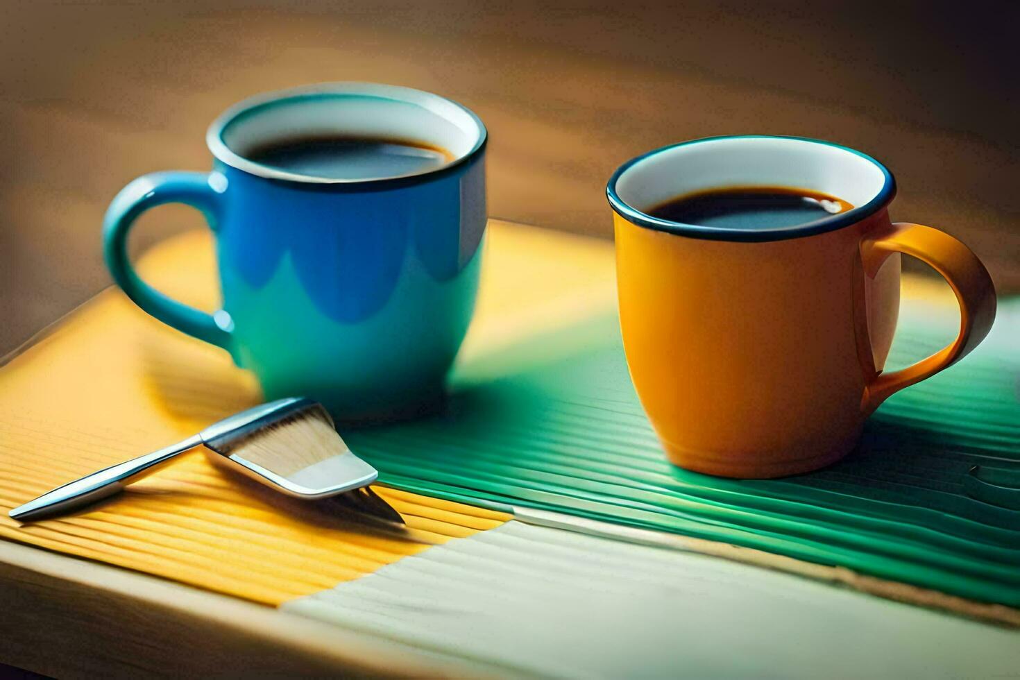 two coffee cups on a wooden table. AI-Generated photo