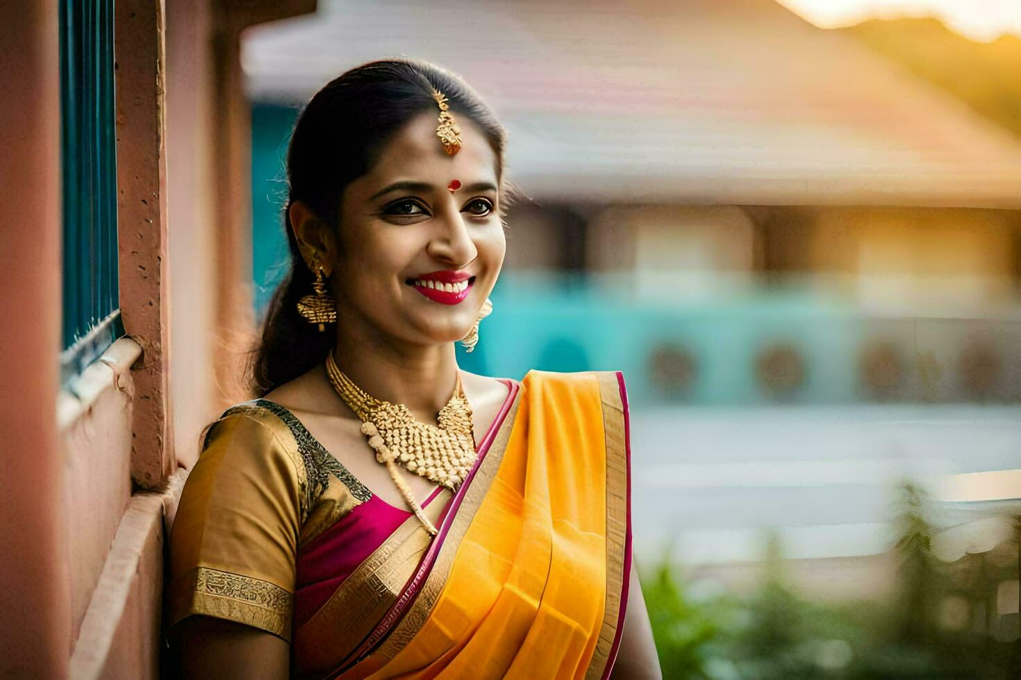 a beautiful woman in a yellow sari smiling. AI-Generated photo