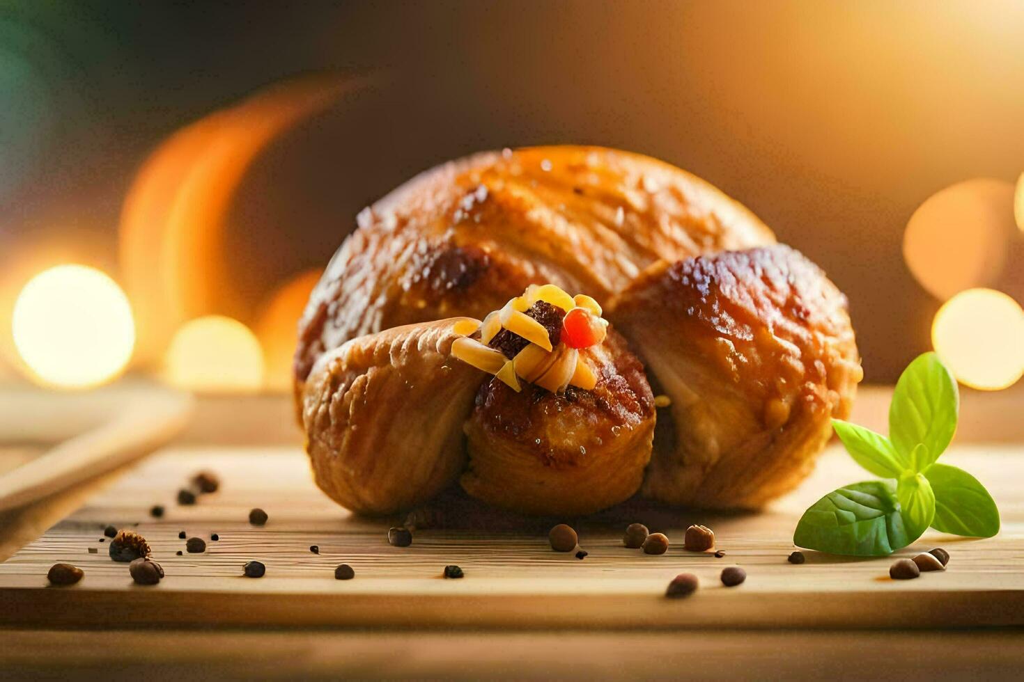 a roasted chicken on a wooden cutting board. AI-Generated photo