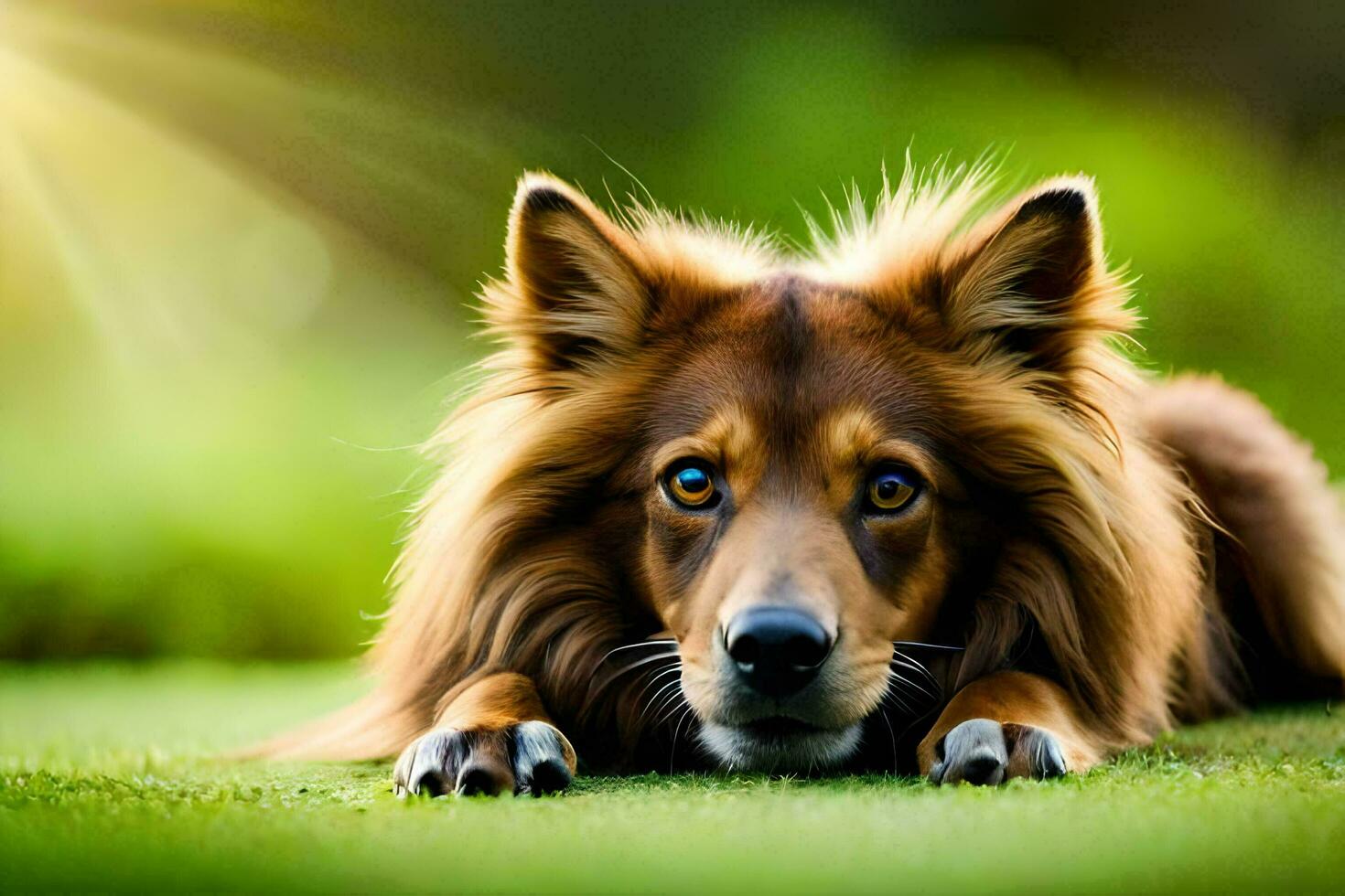 a brown dog laying on the grass. AI-Generated photo