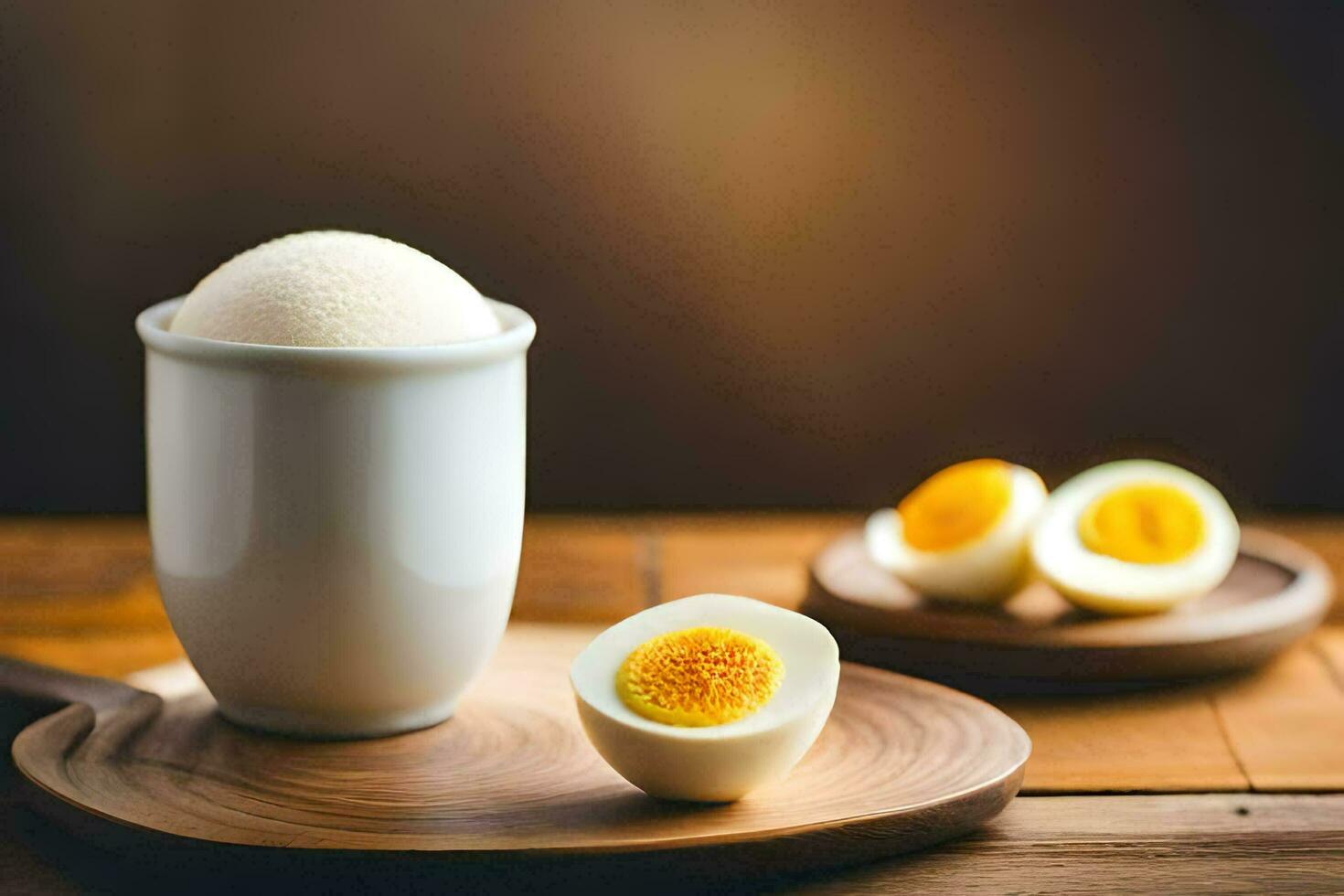 a cup of egg and a half of an egg on a wooden table. AI-Generated photo