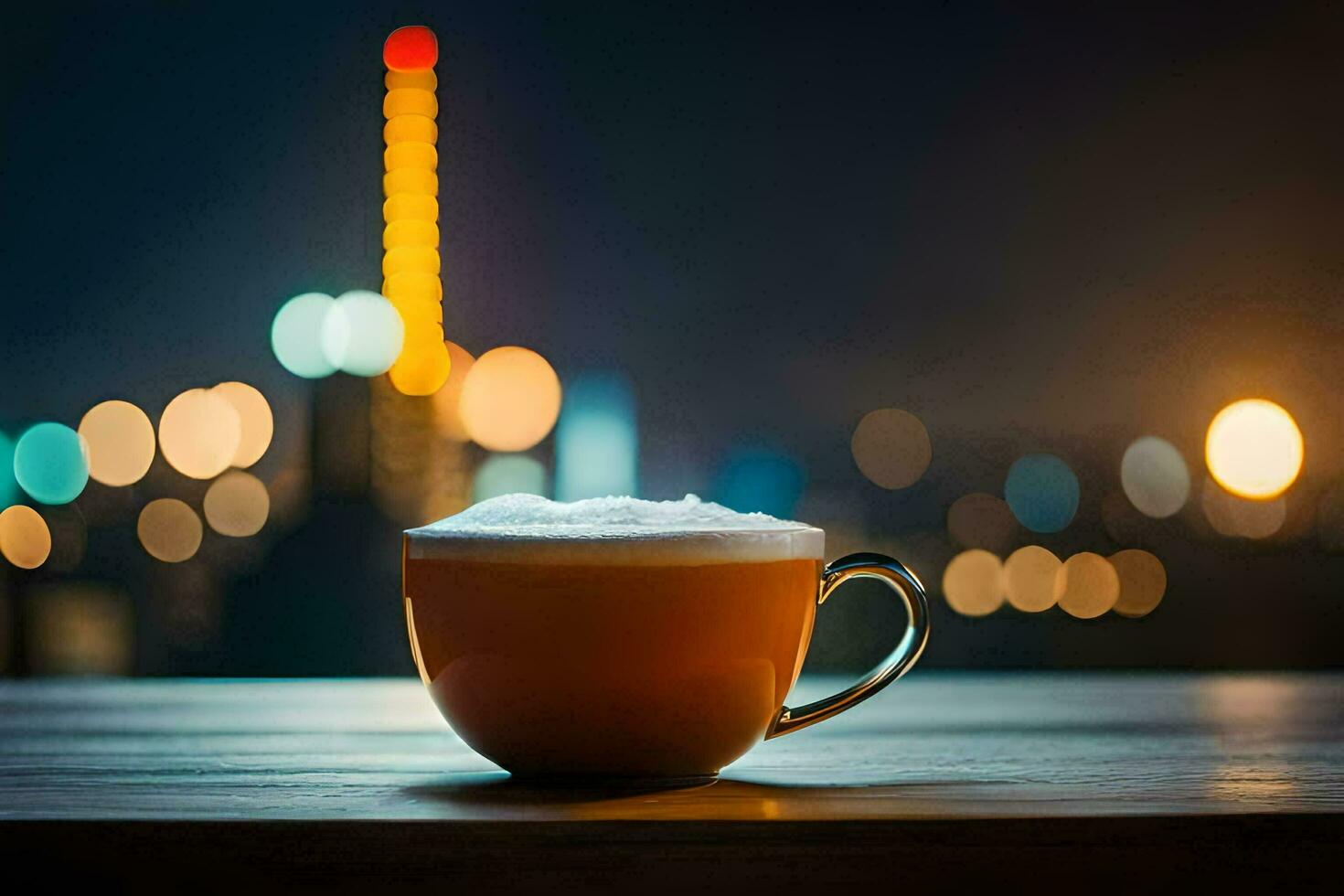 a cup of coffee on a wooden table in front of a cityscape. AI-Generated photo