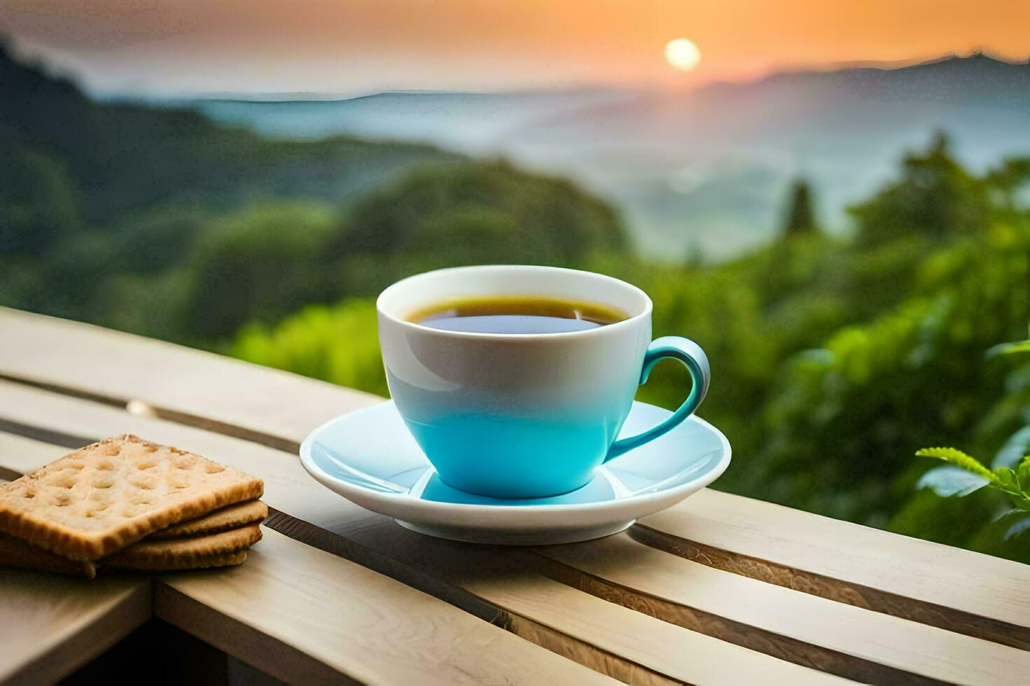 a cup of coffee and a biscuit on a wooden table. AI-Generated photo