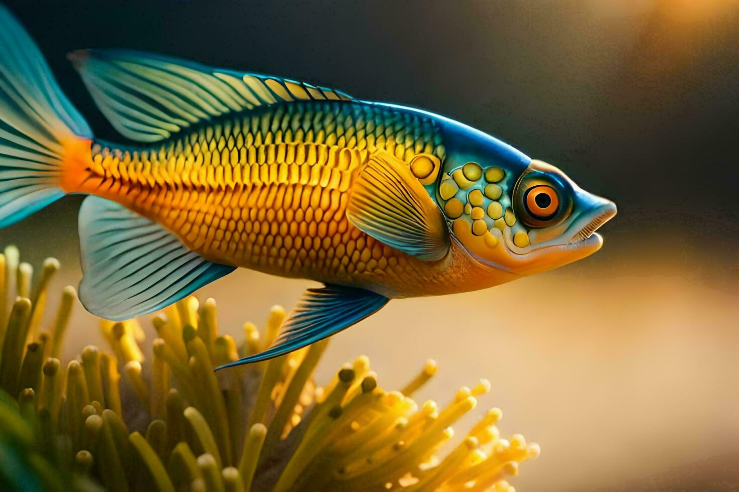 a fish with bright blue and yellow colors. AI-Generated photo
