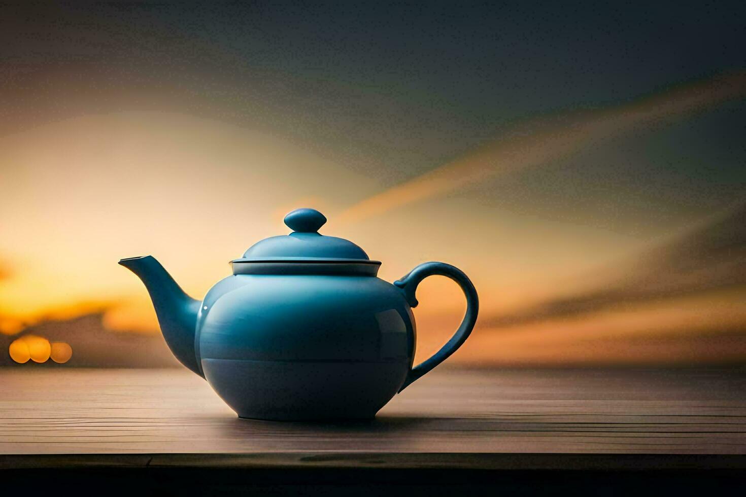 a blue teapot on a wooden table with a sunset in the background. AI-Generated photo