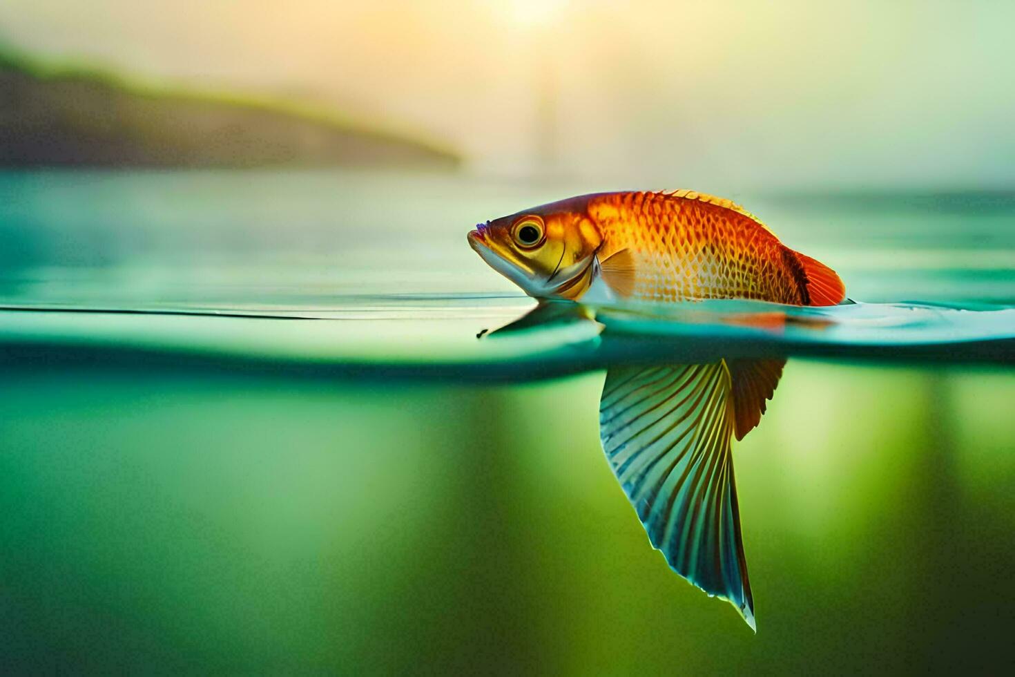 a fish swimming in the water with the sun shining. AI-Generated photo