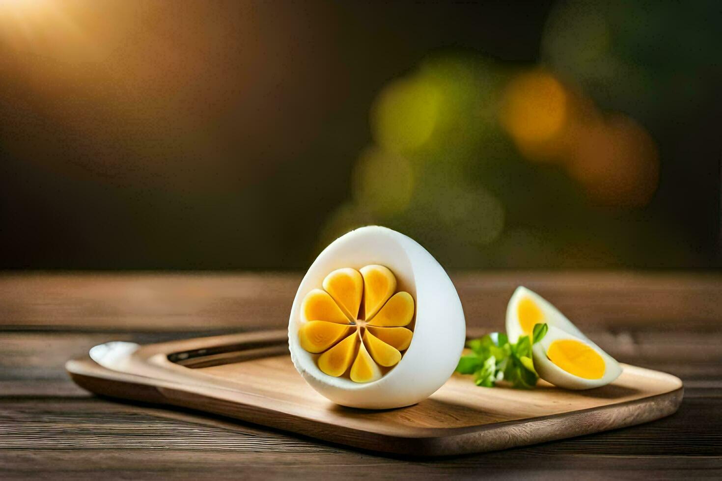 hard boiled eggs on a wooden cutting board. AI-Generated photo
