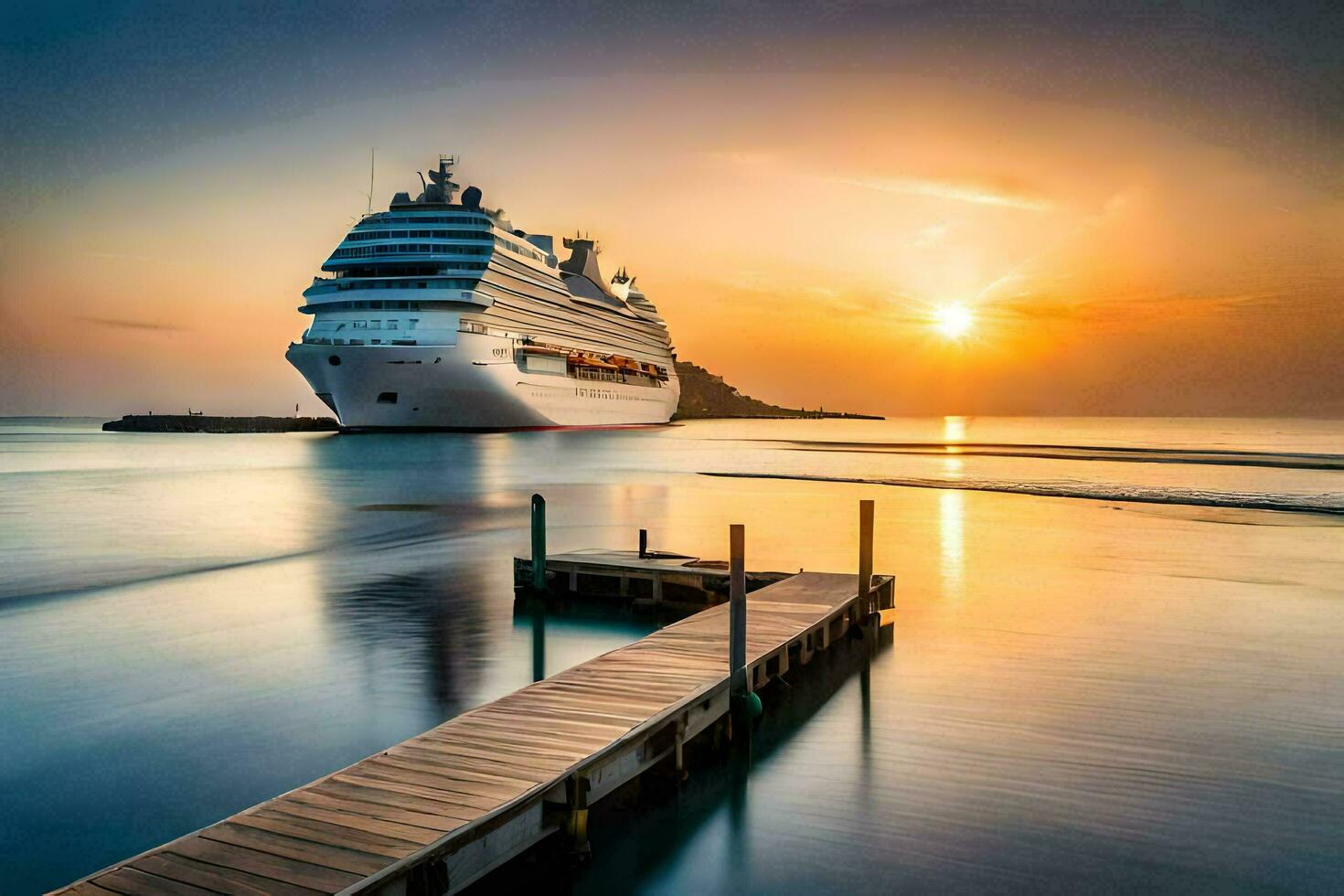 a cruise ship docked at the shore at sunset. AI-Generated photo