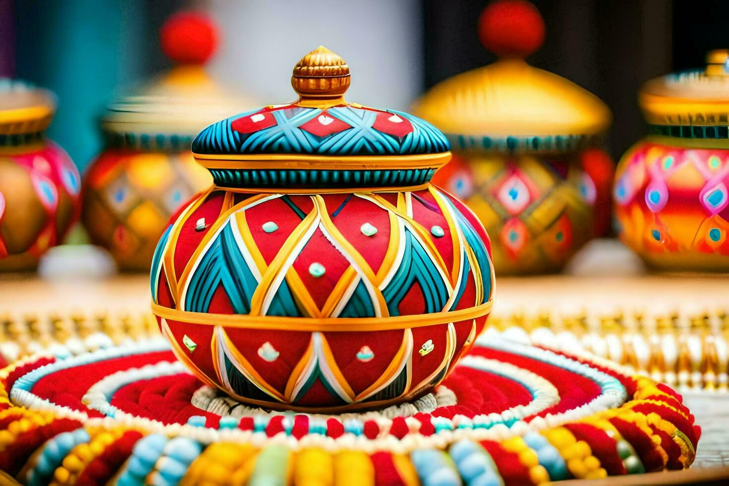 colorful pottery on display in a display case. AI-Generated photo