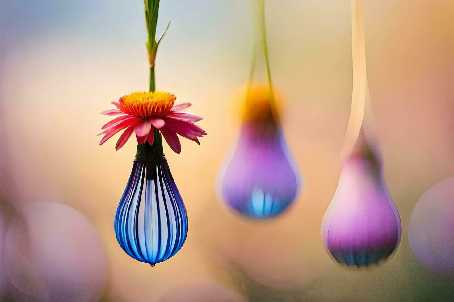 three colorful flowers hanging from a string. AI-Generated photo