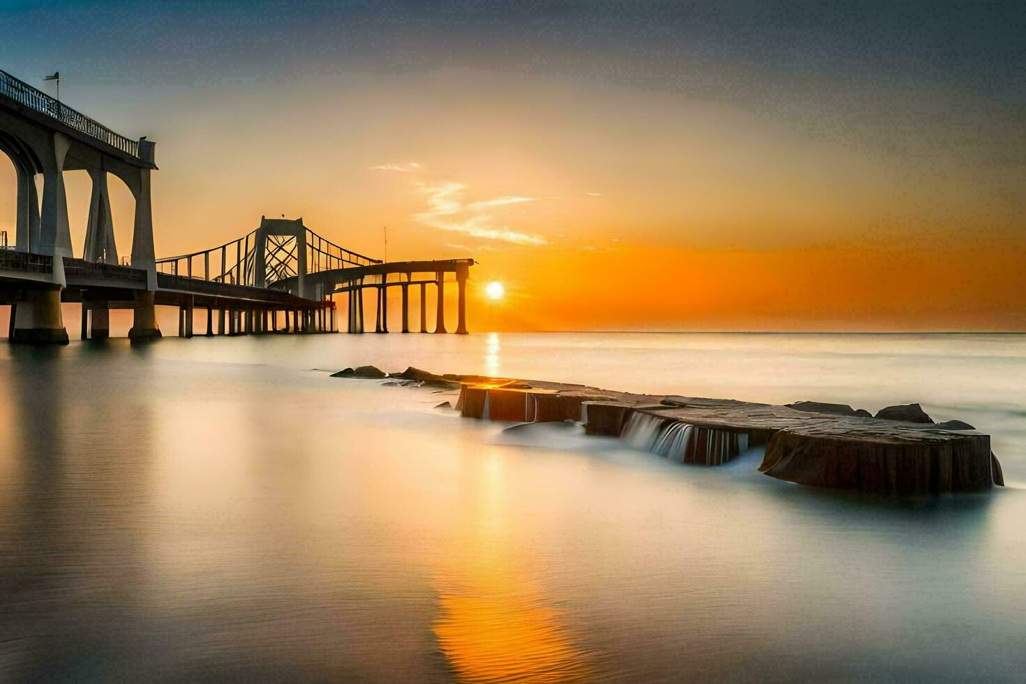 the sun sets over the ocean and a bridge. AI-Generated photo