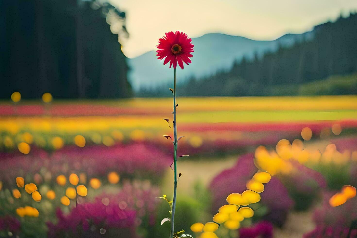 a single red flower stands in the middle of a field. AI-Generated photo