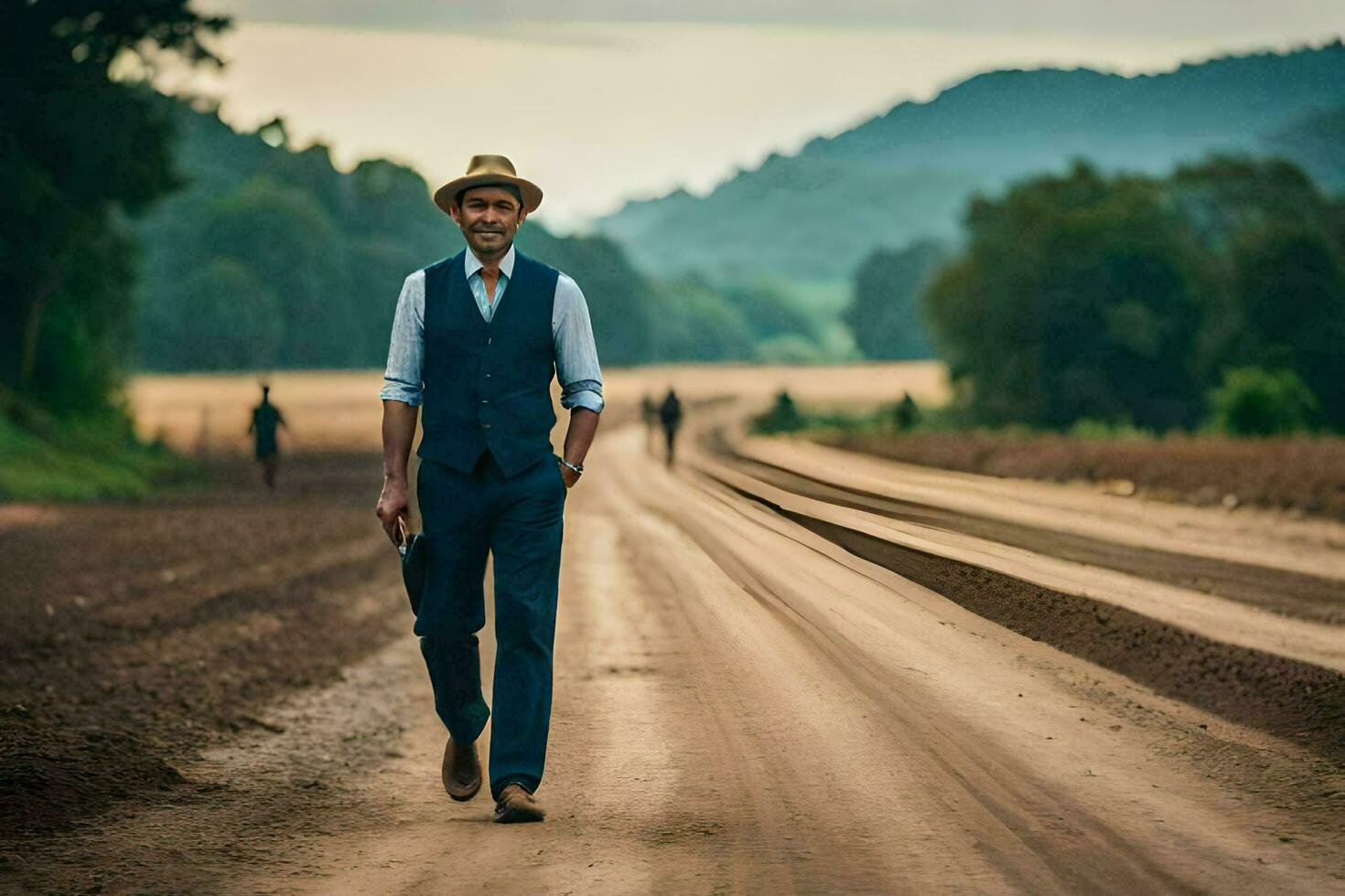 un hombre en un traje y sombrero caminando abajo un suciedad la carretera. generado por ai foto