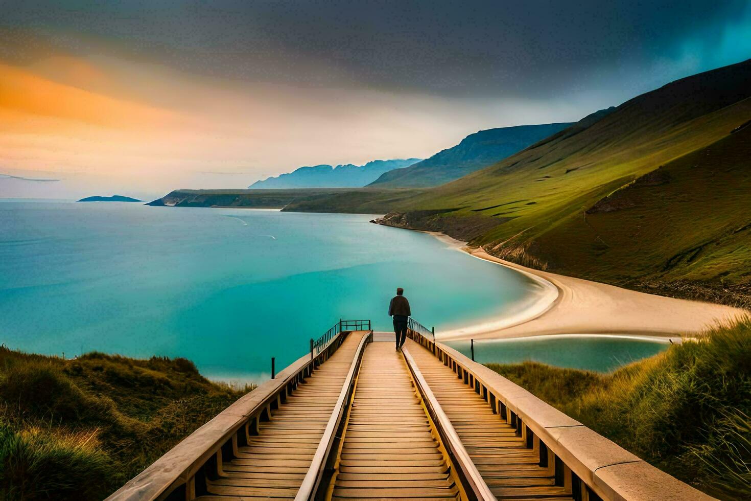the man is standing on the stairs leading to the beach. AI-Generated photo