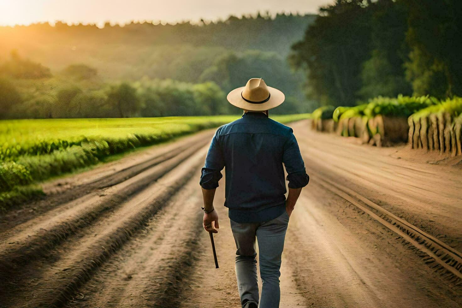 un hombre en un sombrero camina abajo un suciedad la carretera. generado por ai foto