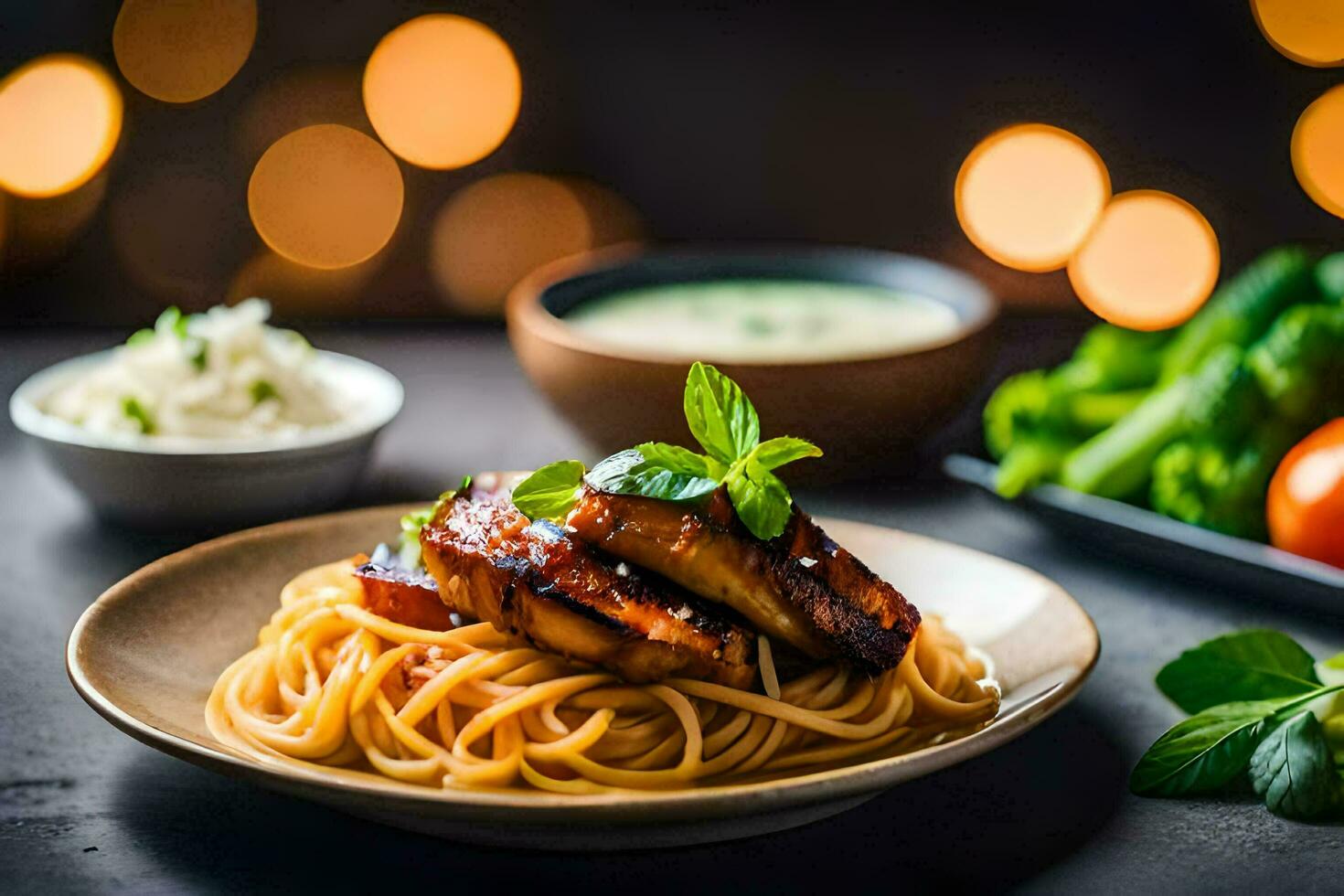 chicken with noodles and vegetables on a plate. AI-Generated photo