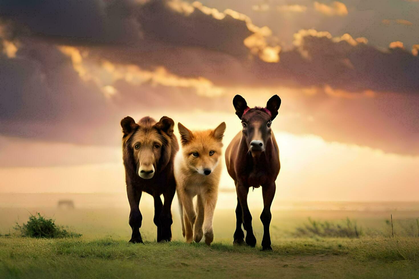 three horses and a fox walking together in the field. AI-Generated photo