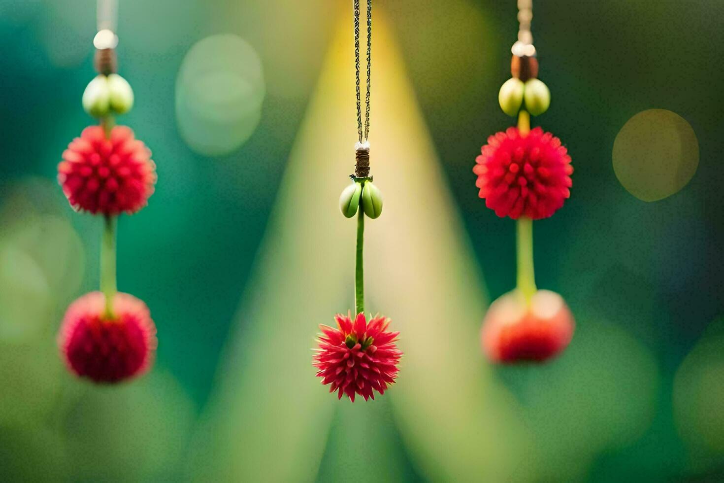 red flowers hanging from a string. AI-Generated photo