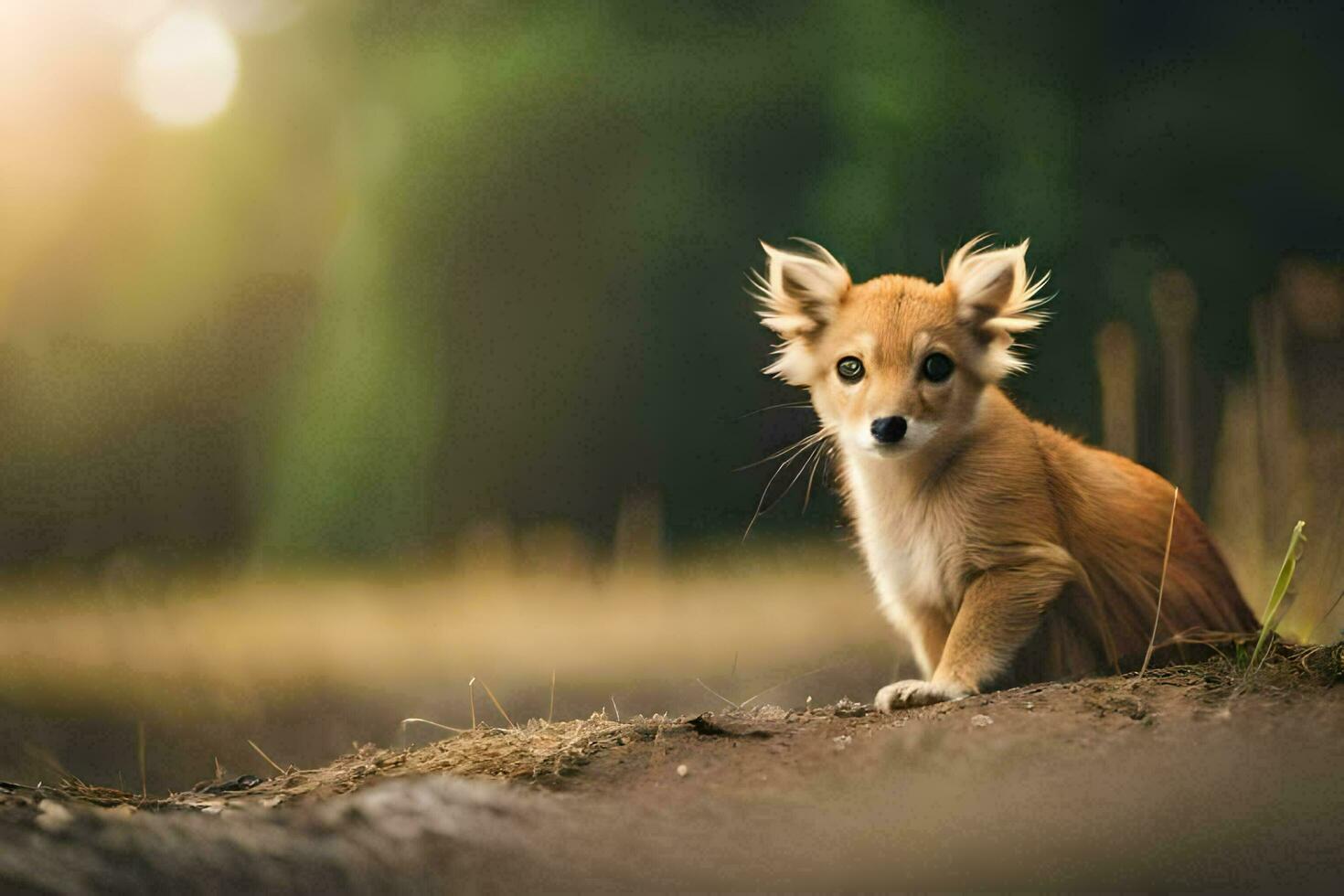 a small dog sitting on the ground in the middle of a field. AI-Generated photo