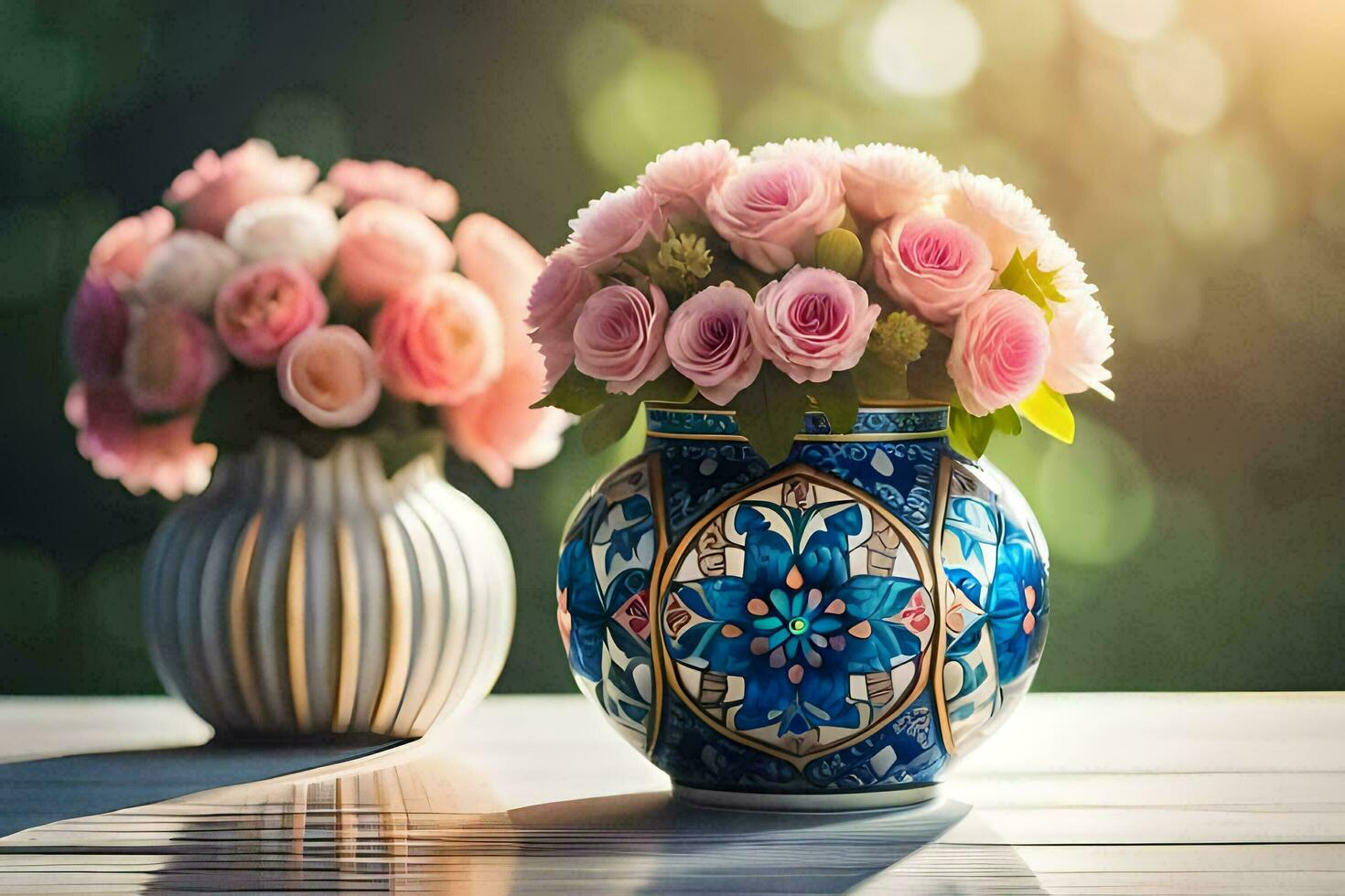 two vases with pink roses sitting on a table. AI-Generated photo