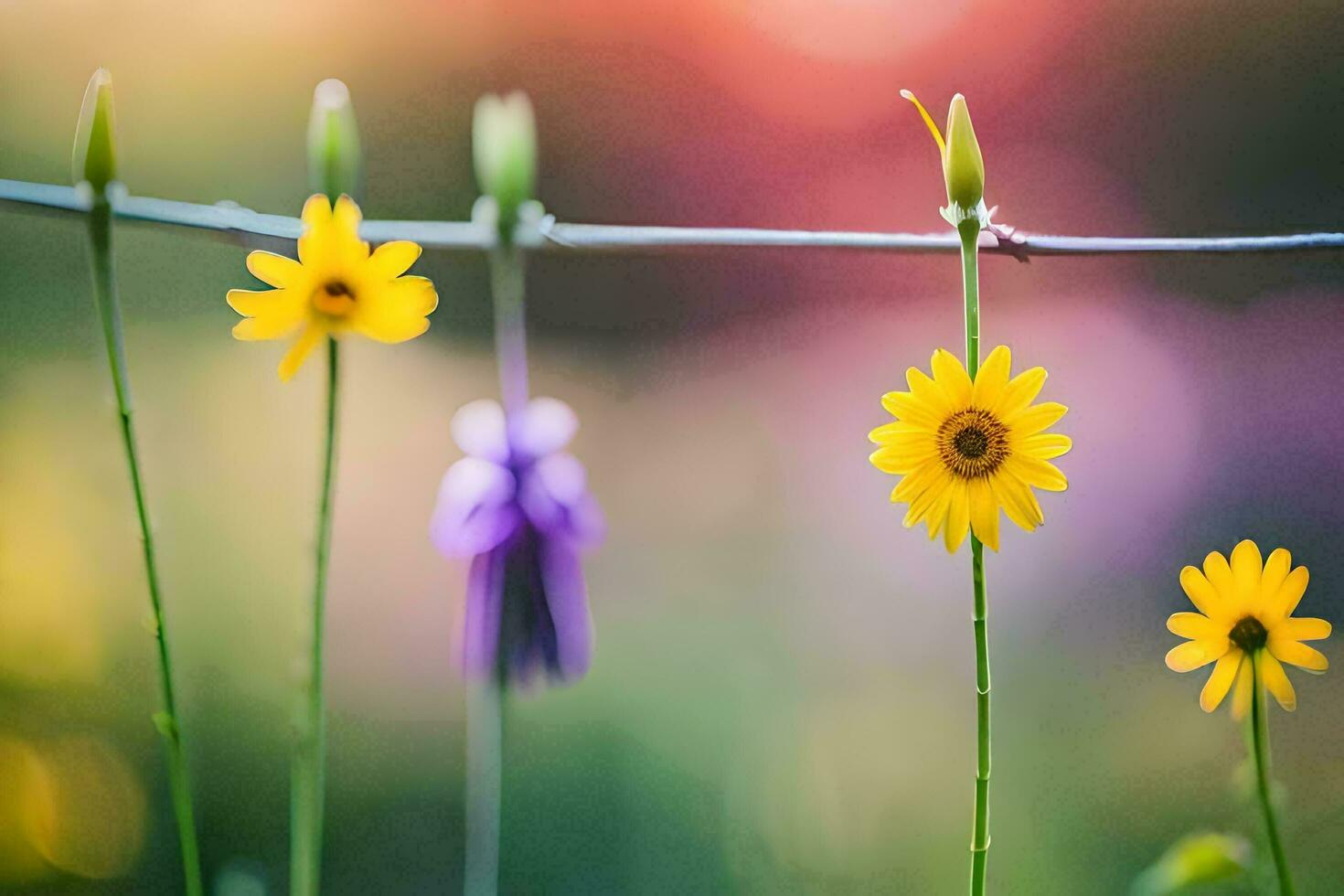 yellow flowers on a wire fence. AI-Generated photo