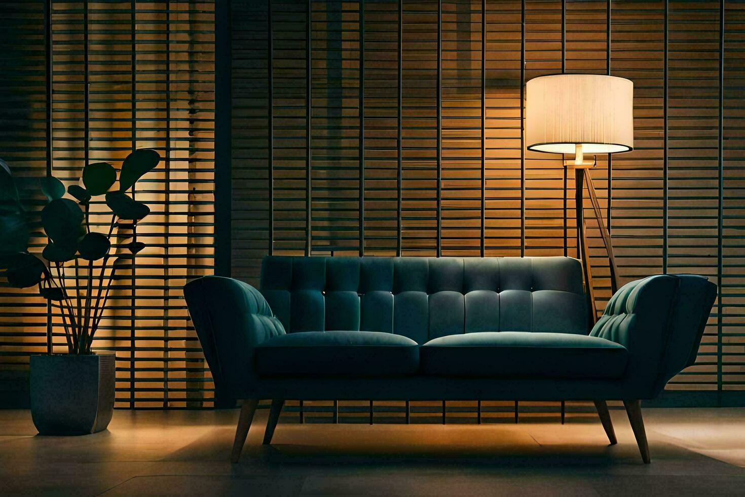 a blue couch in front of a lamp. AI-Generated photo