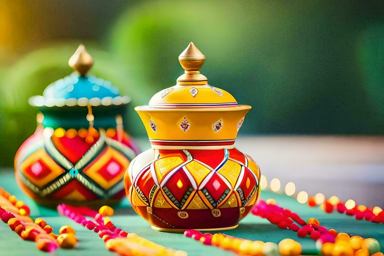 colorful diyas and colorful beads on a green table. AI-Generated photo