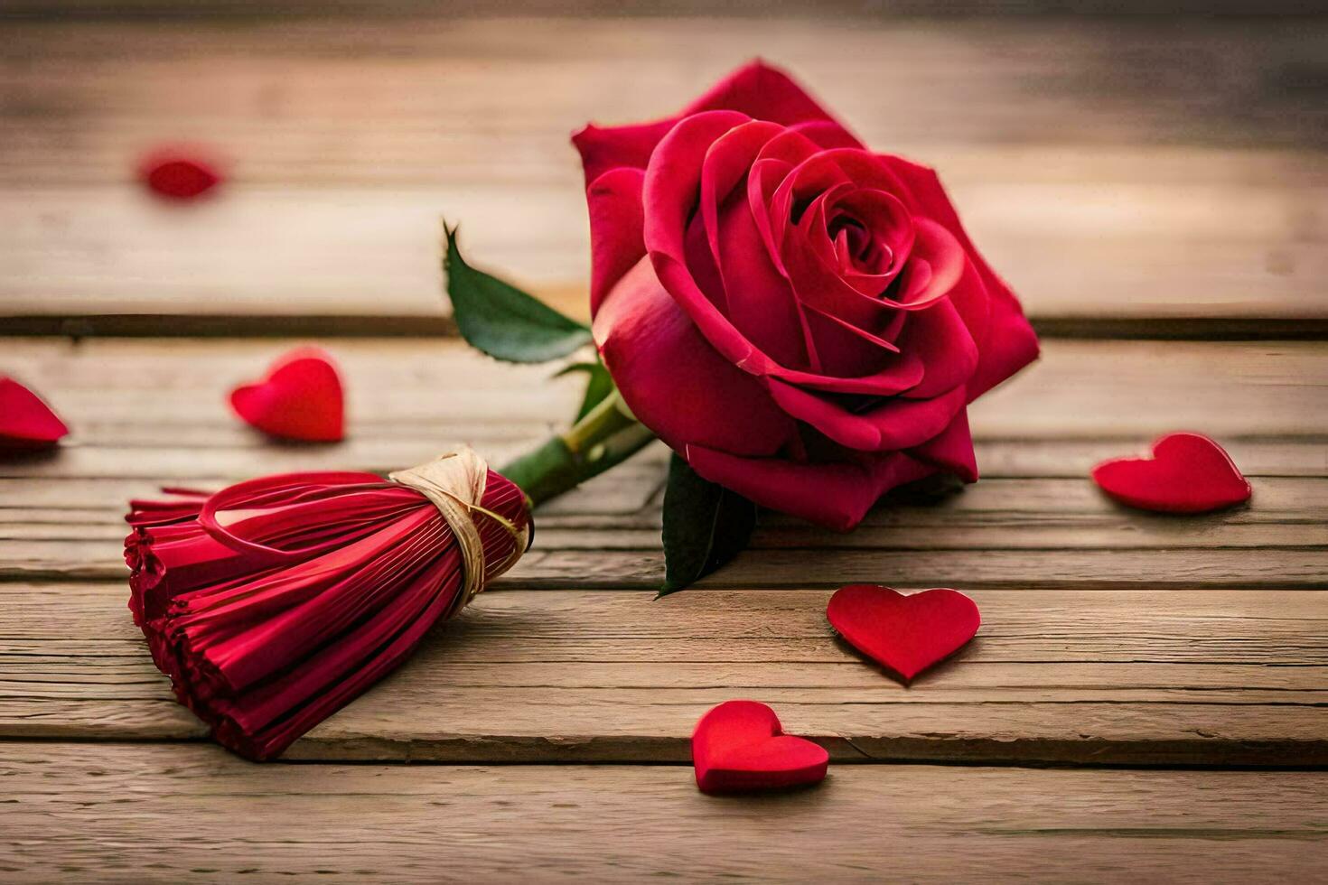 a red rose on a wooden table with hearts. AI-Generated photo