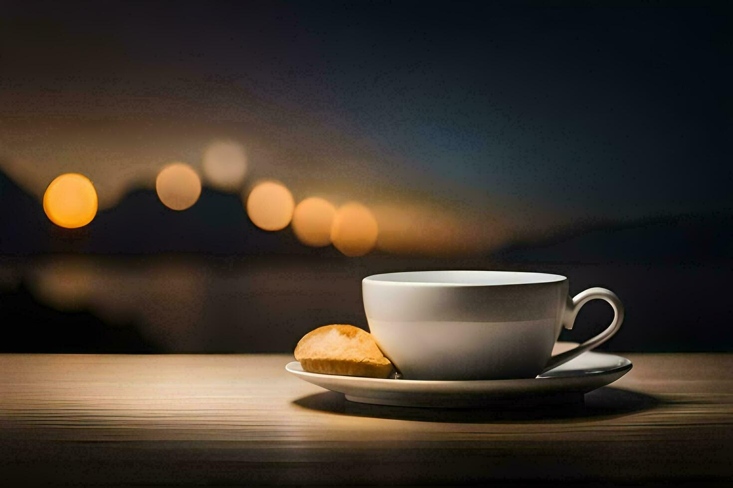 a cup of coffee on a table with a view of the city. AI-Generated photo