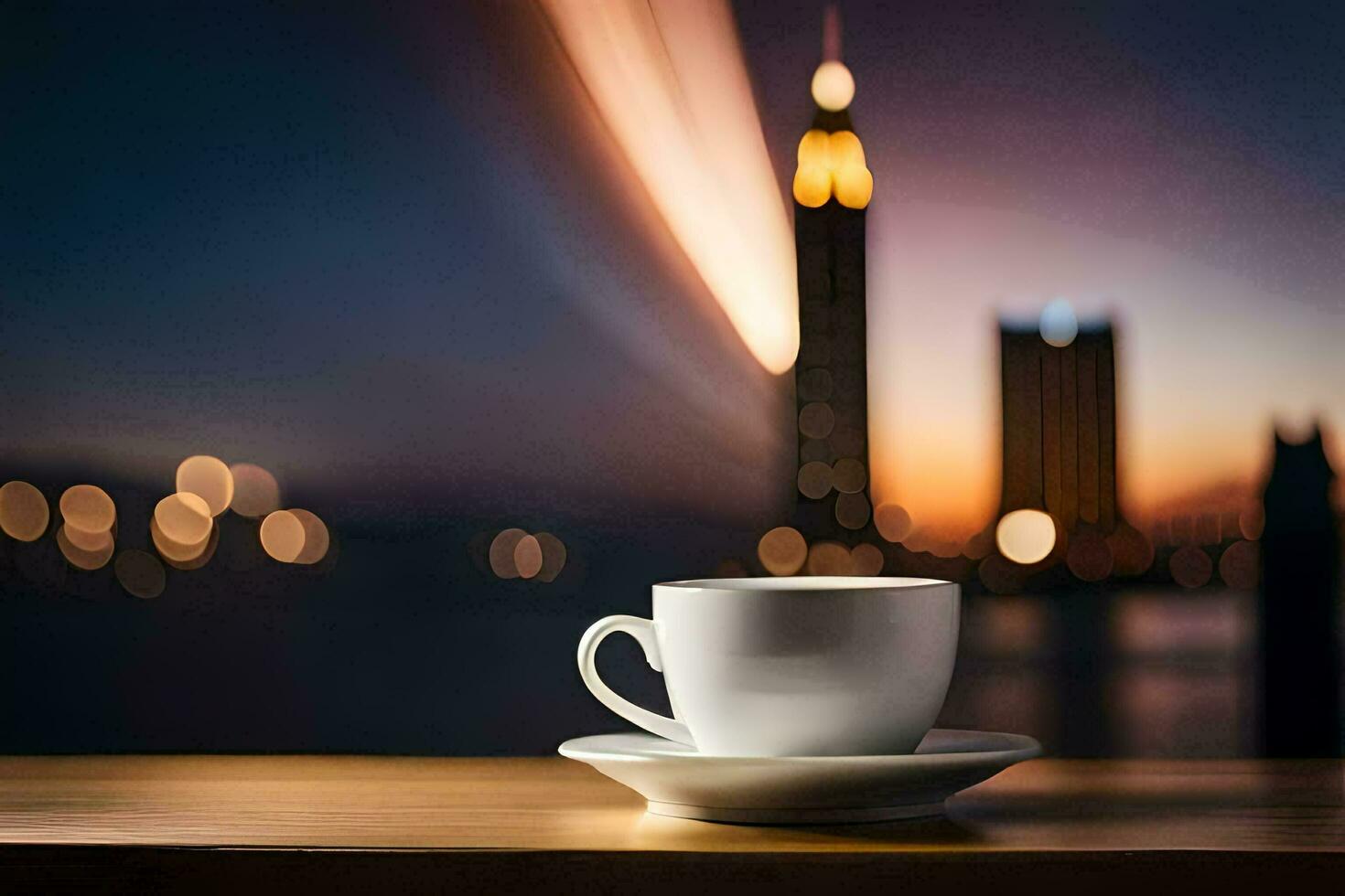 un taza de café en un mesa en frente de un paisaje urbano generado por ai foto