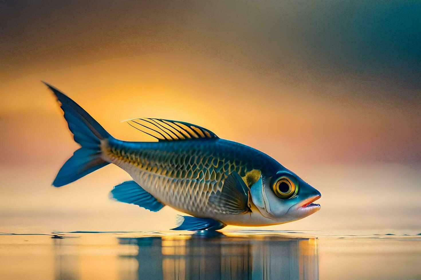 a fish is walking on the water at sunset. AI-Generated photo