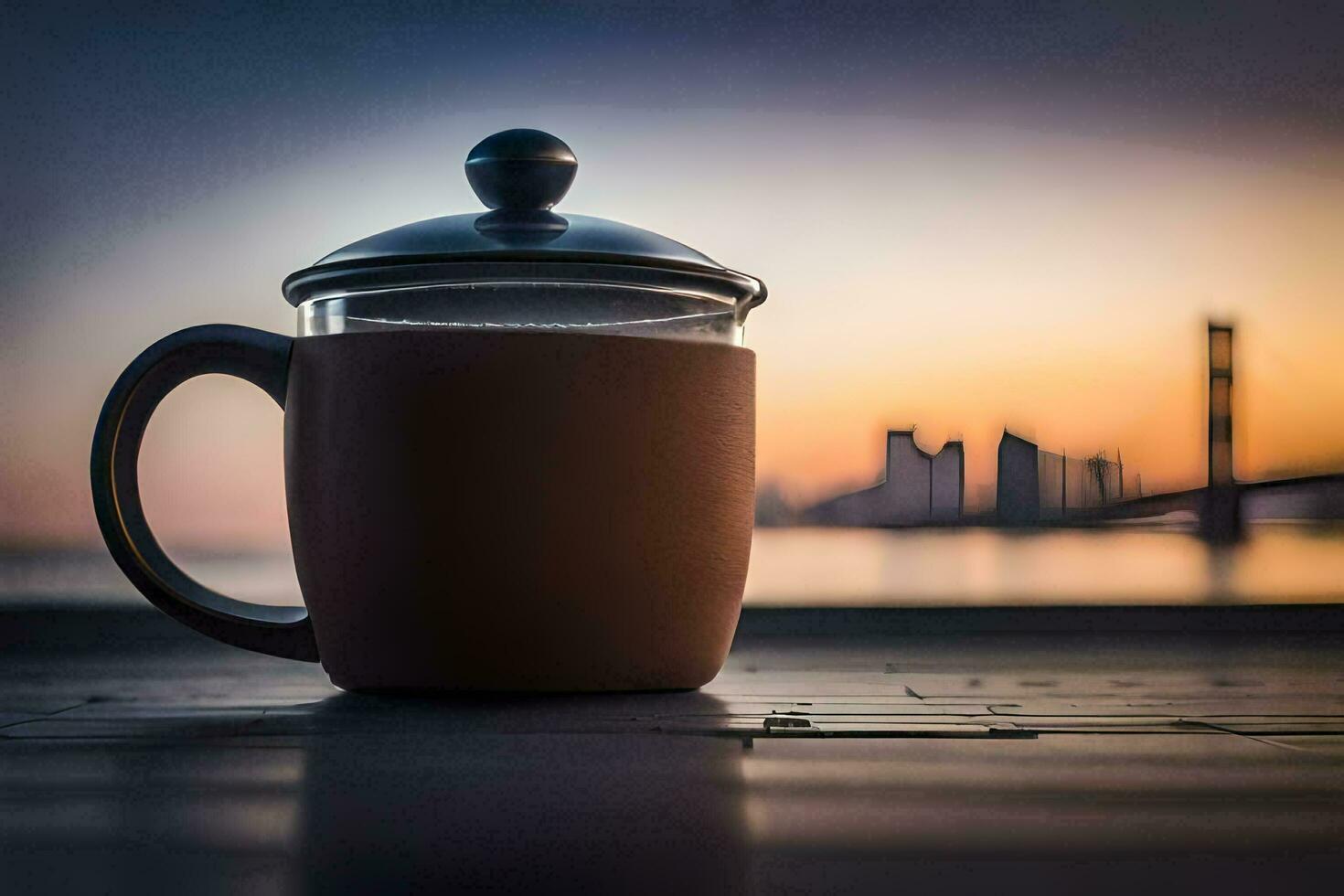 a coffee cup sits on a table in front of a city skyline. AI-Generated photo