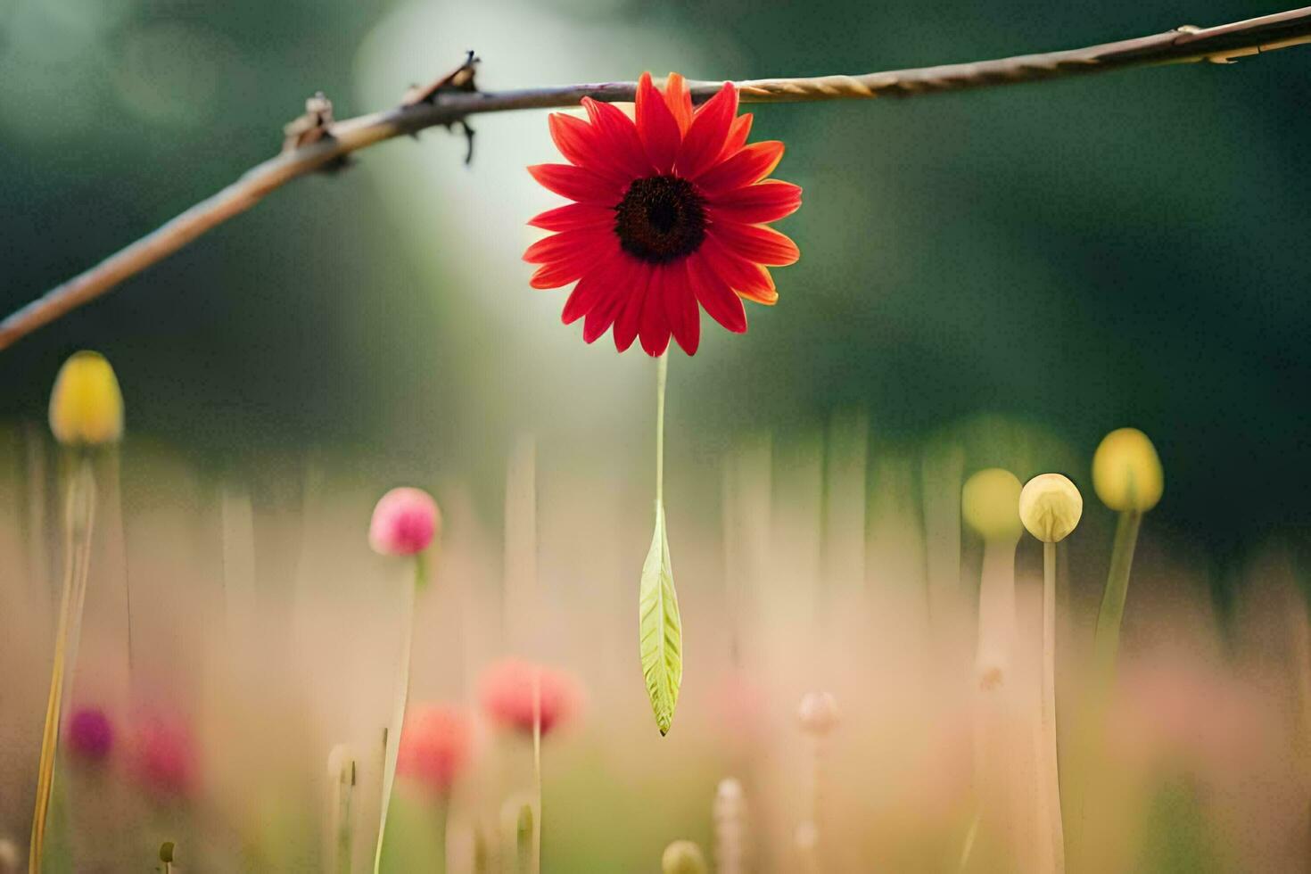 a red flower is hanging from a branch in a field. AI-Generated photo