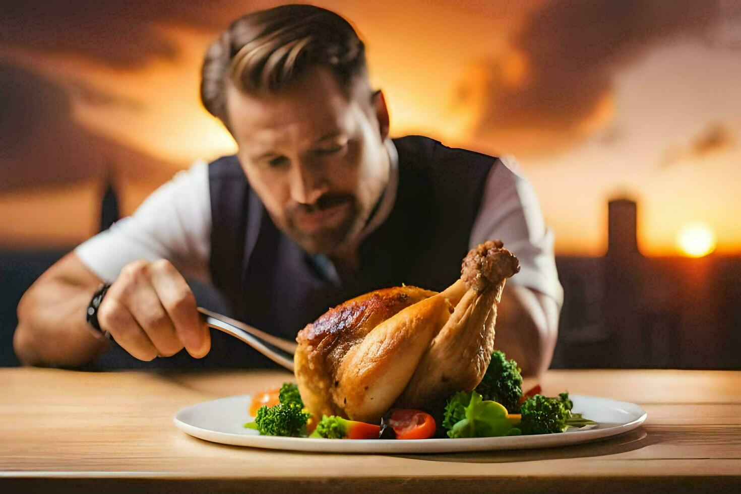 a man is eating a chicken on a plate. AI-Generated photo