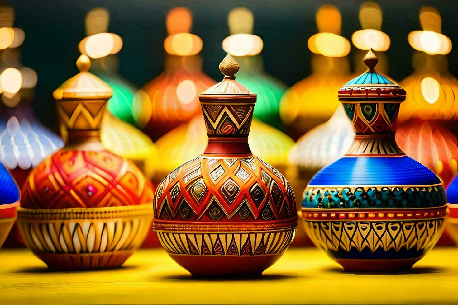 colorful vases are lined up on a table. AI-Generated photo