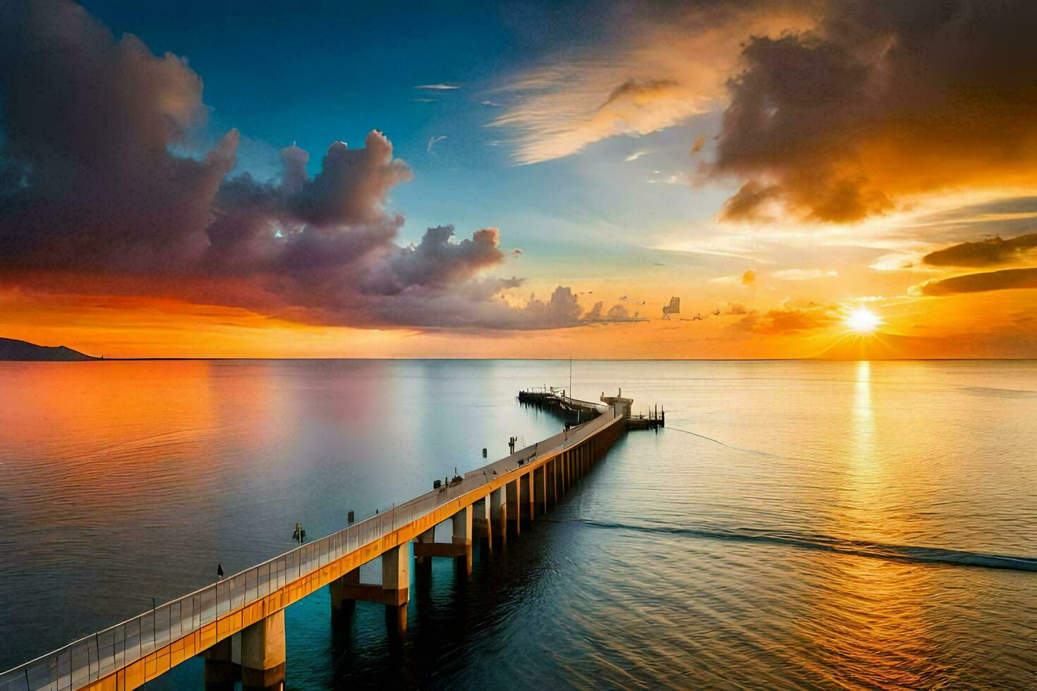 a pier with a beautiful sunset over the ocean. AI-Generated photo