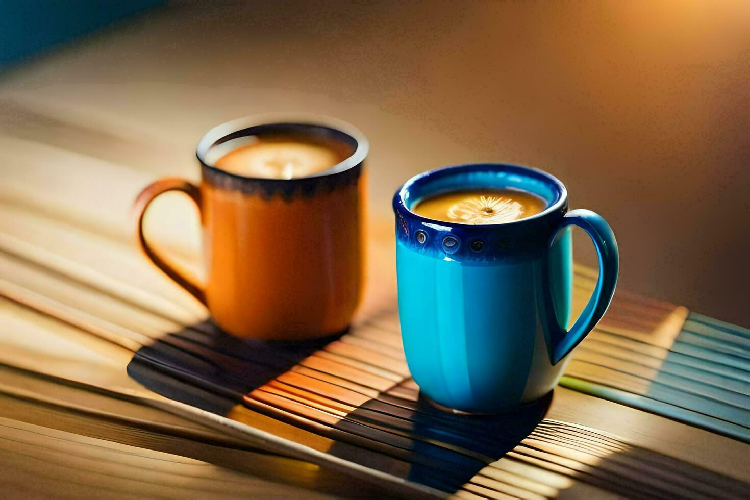 dos café tazas en un de madera mesa. generado por ai foto